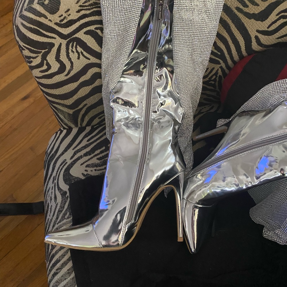 Silver Rhinestone Knee-High Boots - Picture 3 of 5